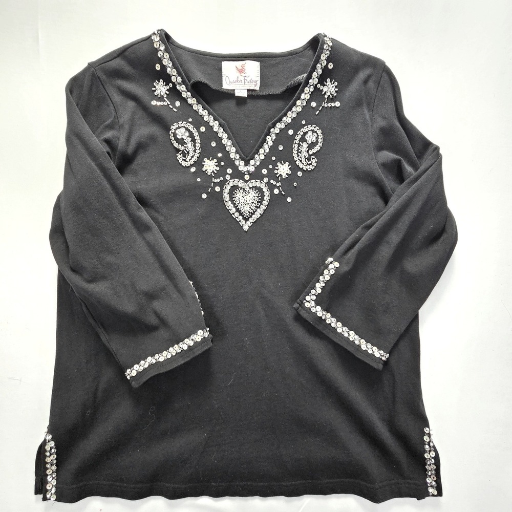Quacker Factory Womens Large Black Sequin Heart Paisley V-Neck Cotton Top